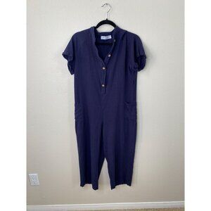 Petal + Pup Womens Linen Jumpsuit Short Sleeve Button Front Pockets 6 Navy Blue